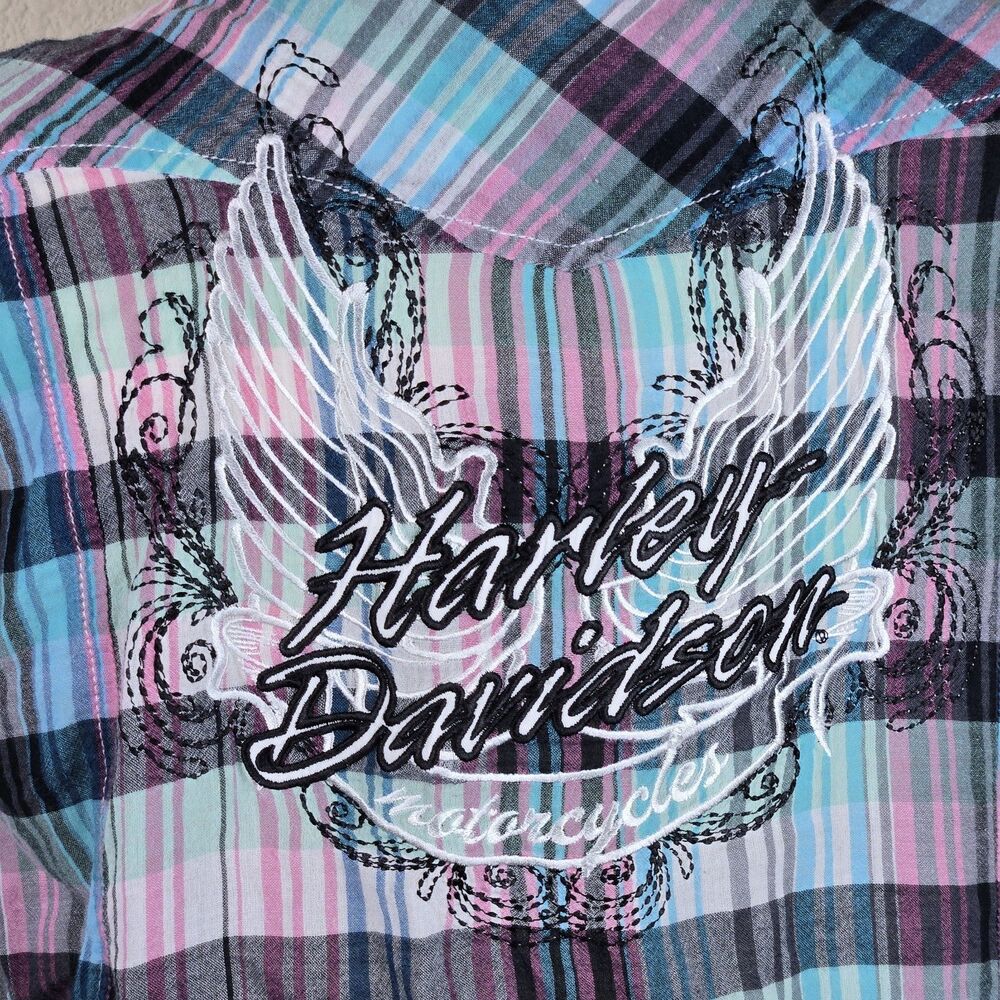 Harley Davidson Pearl Snap Button Shirt Women L Plaid Blue Pink Embroidered Wing - Picture 6 of 7
